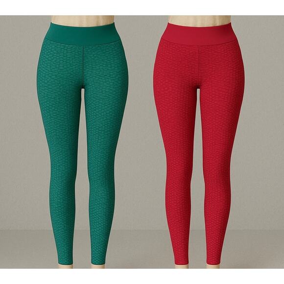 Lot 2 Honeycomb Textured Leggings M Teal &‎ Red High Waist Seamless - Picture 1 of 11